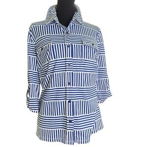 J Mclaughlin Top Blouse Medium Royal Blue/ White Tab Sleeve Scuba Knit Nylon